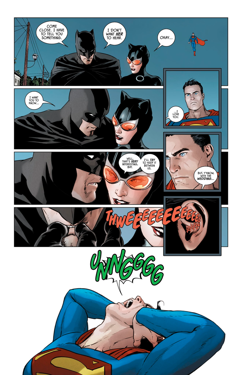 Batman whistling to incapacitate Superman.